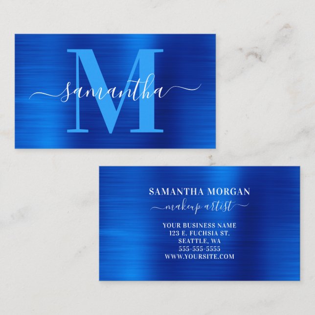 Carte De Visite Monogramme de signature bleu royal scintillant (Devant / Derrière)
