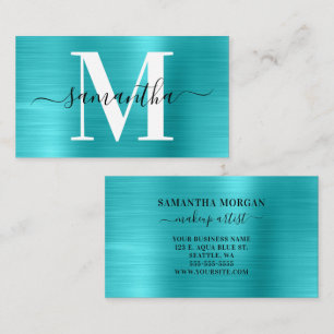 Carte De Visite Monogramme de signature bleu turquoise scintillant