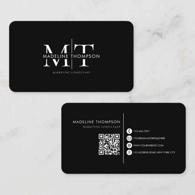 Carte De Visite Monogramme de typographie moderne Code QR noir (Devant / Derrière)