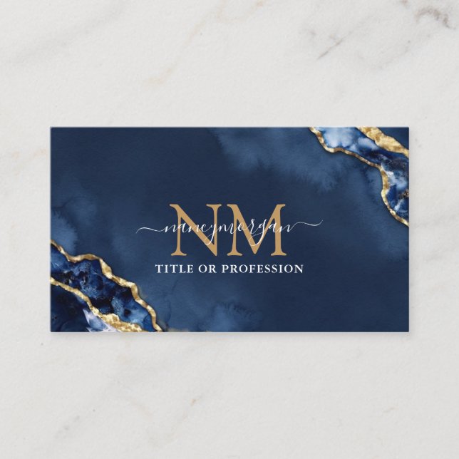 Carte De Visite Monogramme de typographie pailletée agate bleu mar (Devant)