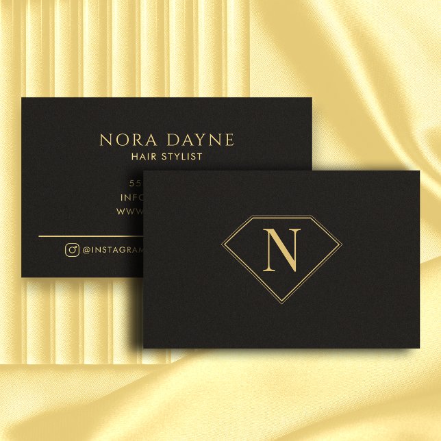 Carte De Visite Monogramme Diamant Noir Or Luxe Minimal Simple (Créateur téléchargé)