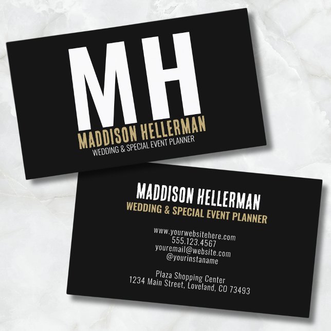 Carte De Visite Monogramme d'or noir moderne simple (Simple Stylish Modern Black Gold Monogram Business Card)