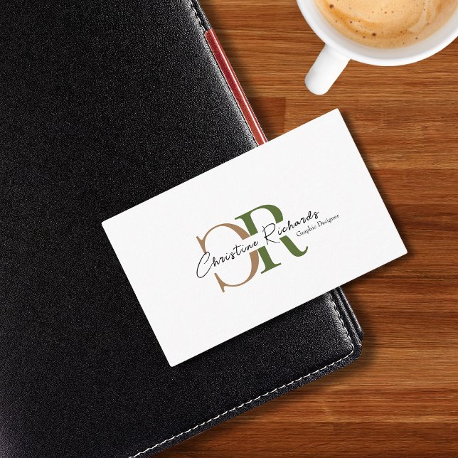 Carte De Visite Monogramme d'or vert olive simple et moderne (Créateur téléchargé)