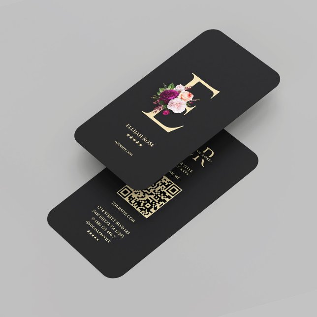 Carte De Visite Monogramme E Floral Black Gold (Modern Elegant Monogram E Floral Black Gold Business Card
)