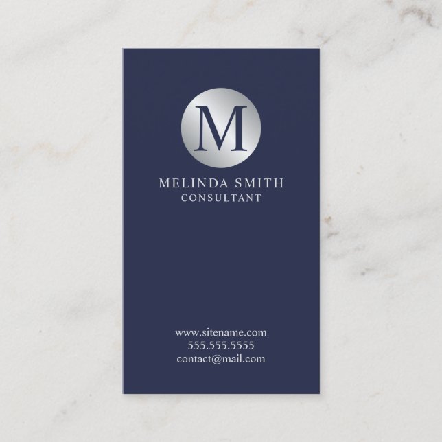 Carte De Visite Monogramme élégant bleu marine et argent (Devant)