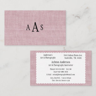 Carte De Visite Monogramme élégant en faux lin rose