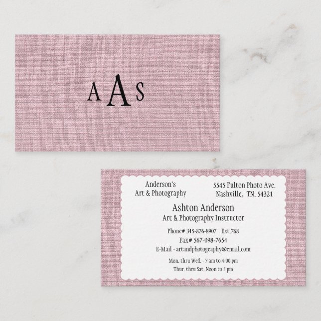 Carte De Visite Monogramme élégant en faux lin rose (Devant / Derrière)