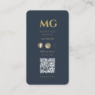 Carte De Visite Monogramme élégant minimaliste bleu foncé QR Busin