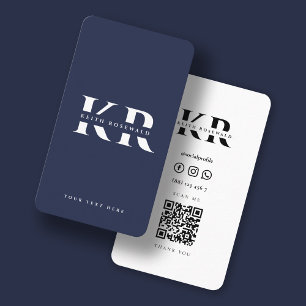Carte De Visite Monogramme élégant minimaliste bleu foncé Qr Code