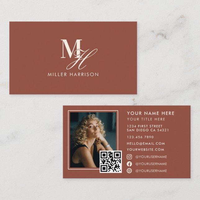 Carte De Visite Monogramme Élégant Moderne Code QR Photo Luxe (Devant / Derrière)