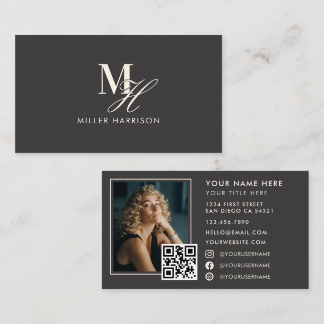 Carte De Visite Monogramme Élégant Moderne Luxe Photo Code QR (Devant / Derrière)
