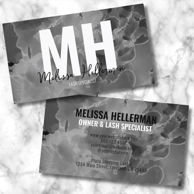 Carte De Visite Monogramme Élégant Moderne Noir Blanc (Chic Elegant Black Whit Marble Watercolor Monogram Business Card )