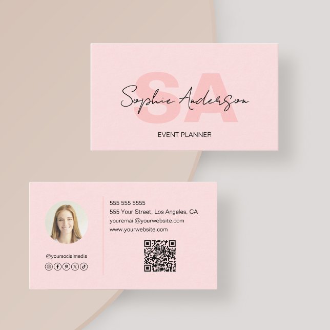Carte De Visite Monogramme Élégant Moderne Rose Pâle (Modern Elegant Monogram Blush Pink Business Card)