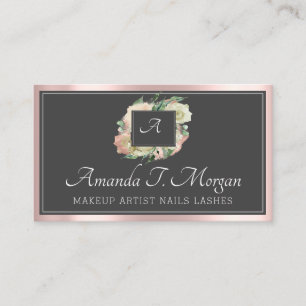 Carte De Visite Monogramme Elégant Nomination Grey Rose Vert Flora