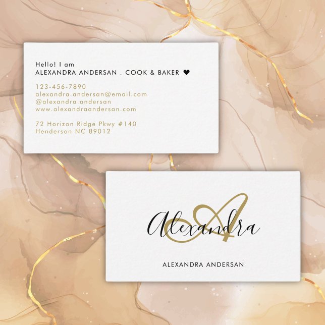 Carte De Visite Monogramme élégant Or Noir Nom Script (Elegant Monogram Gold Black Script Name Business Card)