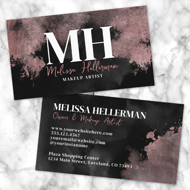 Carte De Visite Monogramme élégant rose noire dorée (Elegant Black Rose Gold Monogram Business Card)