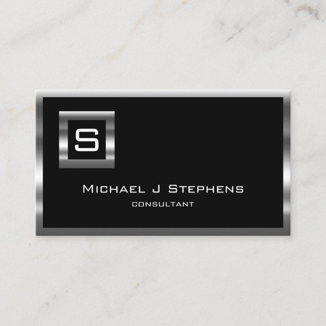 Carte De Visite Monogramme élégant simple noir et chrome (Devant)