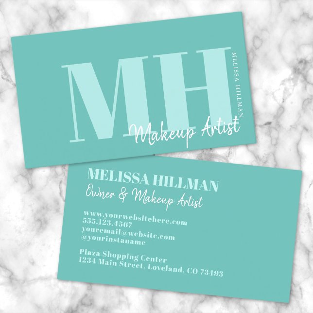 Carte De Visite Monogramme Élégant Simple Professionnel (Professional Simple Modern Teal Blue Monogram Business Card)