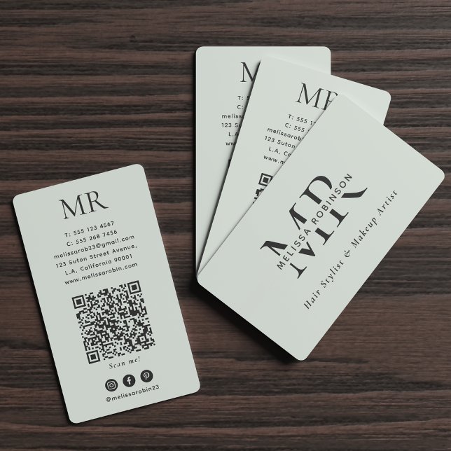 Carte De Visite Monogramme Élégant Vert Pâle Réseaux Sociaux & Cod (Créateur téléchargé)