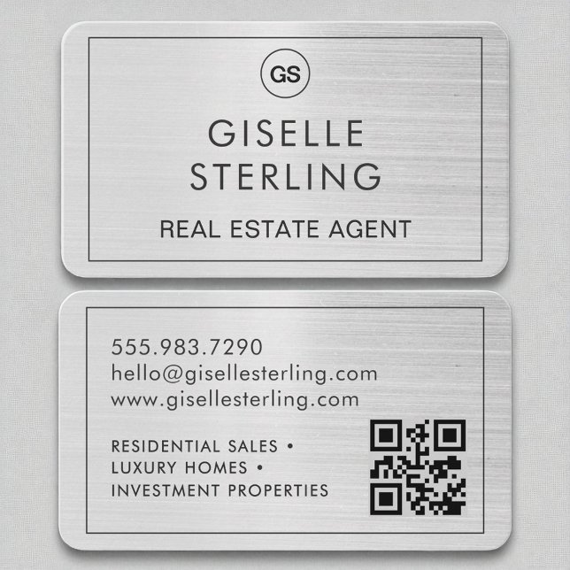 Carte De Visite Monogramme en argent brossé de l'agent immobilier  (Créateur téléchargé)