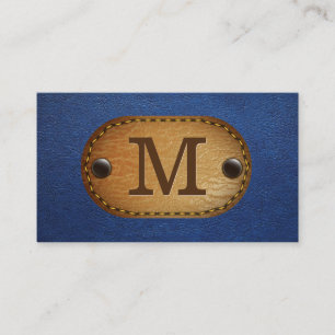 Carte De Visite Monogramme en cuir   Patch en cuir bleu et pointil