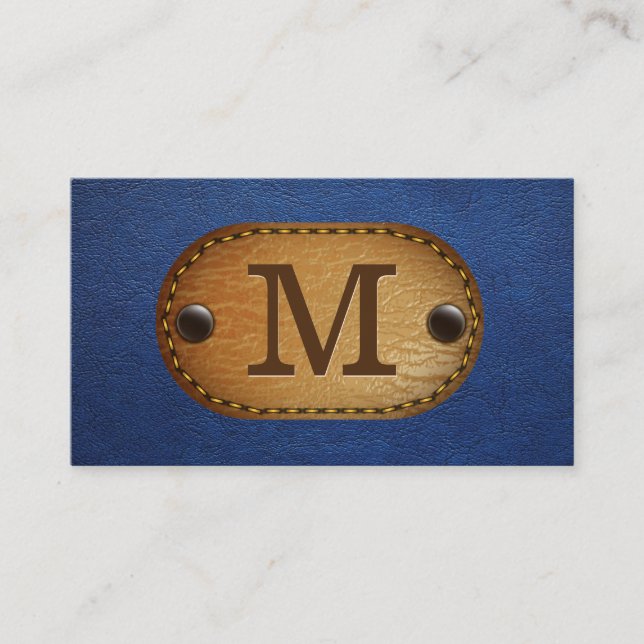 Carte De Visite Monogramme en cuir | Patch en cuir bleu et pointil (Devant)