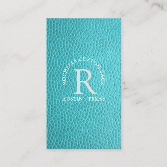 Carte De Visite Monogramme en faux cuir turquoise encerclé (Devant)