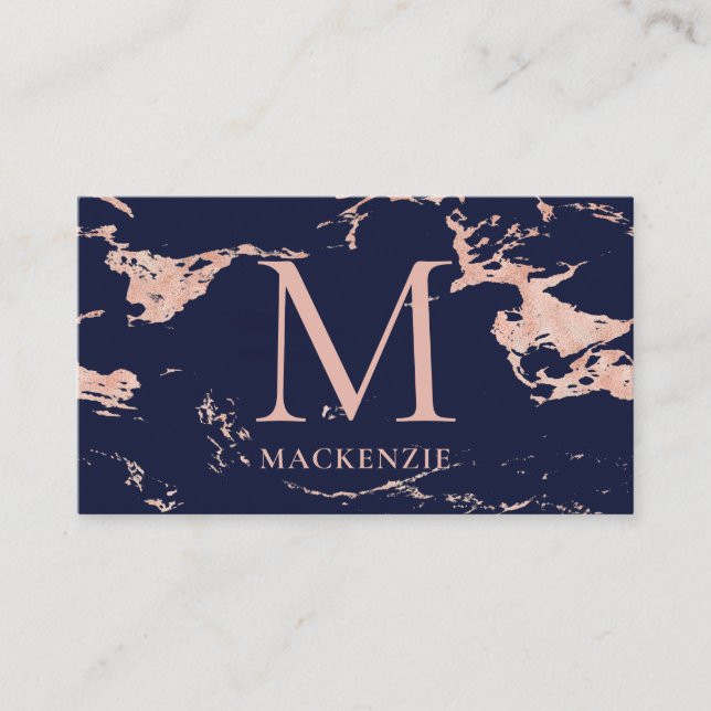 Carte De Visite Monogramme en marbre Rose or en cuivre bleu marine (Devant)