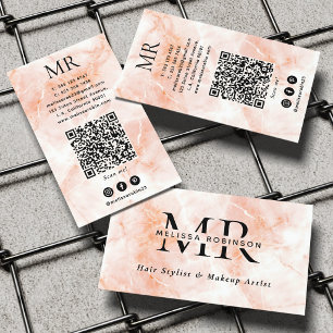 Carte De Visite Monogramme et code QR à texture marbrée pêche élég