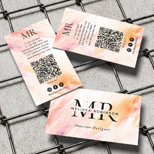 Carte De Visite Monogramme et code QR aux coups de pinceau aquarel