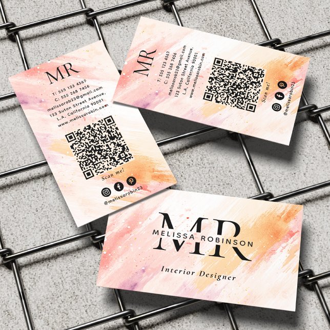 Carte De Visite Monogramme et code QR aux coups de pinceau aquarel (Créateur téléchargé)