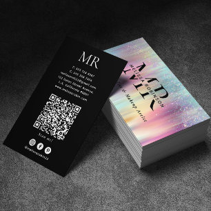 Carte De Visite Monogramme et code QR pailletés arc-en-ciel de cou