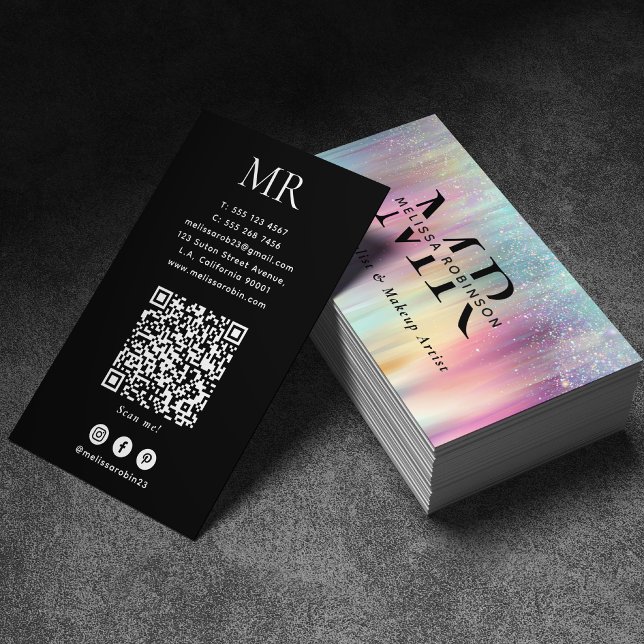 Carte De Visite Monogramme et code QR pailletés arc-en-ciel de cou (Créateur téléchargé)