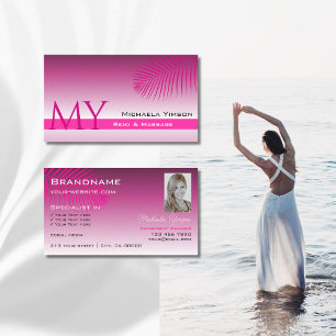 Carte De Visite Monogramme et photo de feuille de palme rose viole