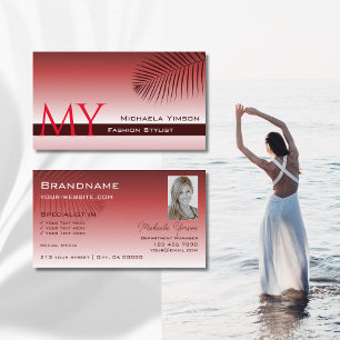 Carte De Visite Monogramme et photo de feuille de palme rouge vif