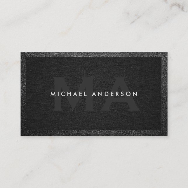 Carte De Visite Monogramme exécutif | Lin noir | Découpe en cuir (Devant)