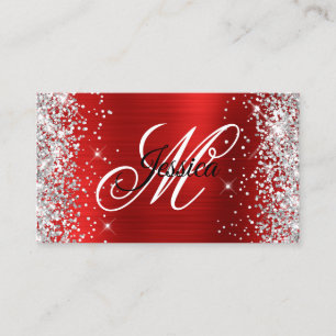 Carte De Visite Monogramme fantaisie argent pailleté rouge feuille