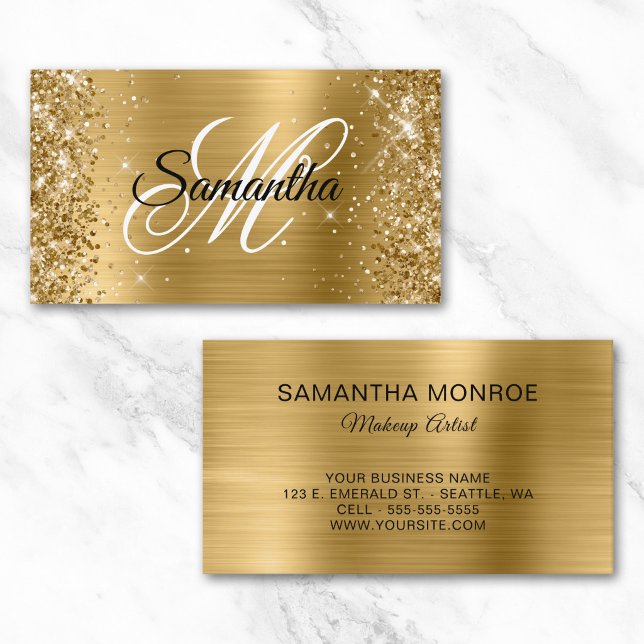 Carte De Visite Monogramme Fantaisie Pailleté Or (Glittery Gold Foil Fancy Monogram Makeup Artist Business Card)