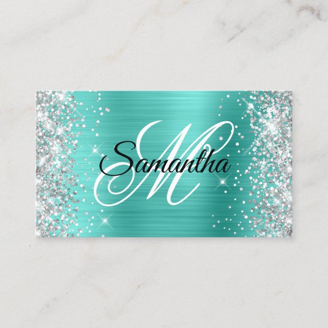 Carte De Visite Monogramme fantaisie paillettes argent turquoise (Devant)