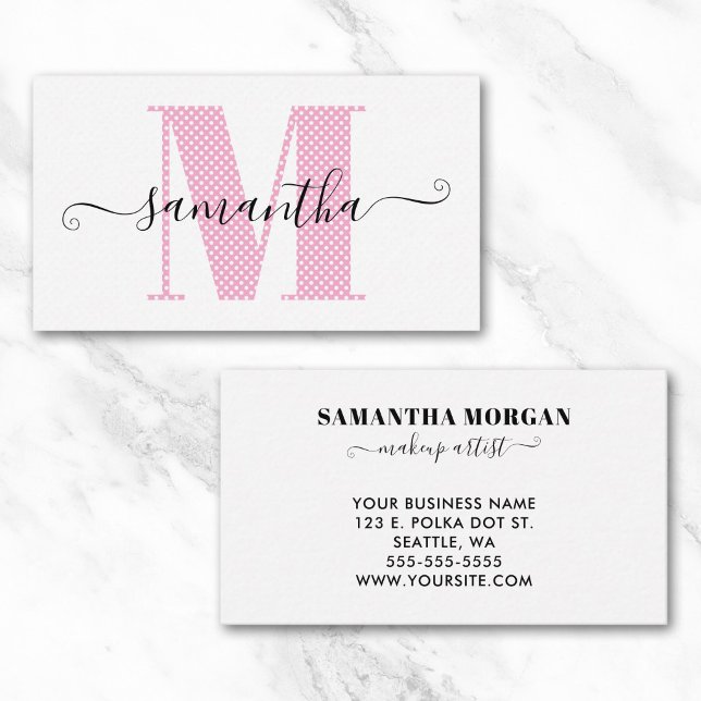 Carte De Visite Monogramme Féminin Rose Clair et Blanc à Points (Girly Light Pink and White Polka Dot Monogram Business Card)