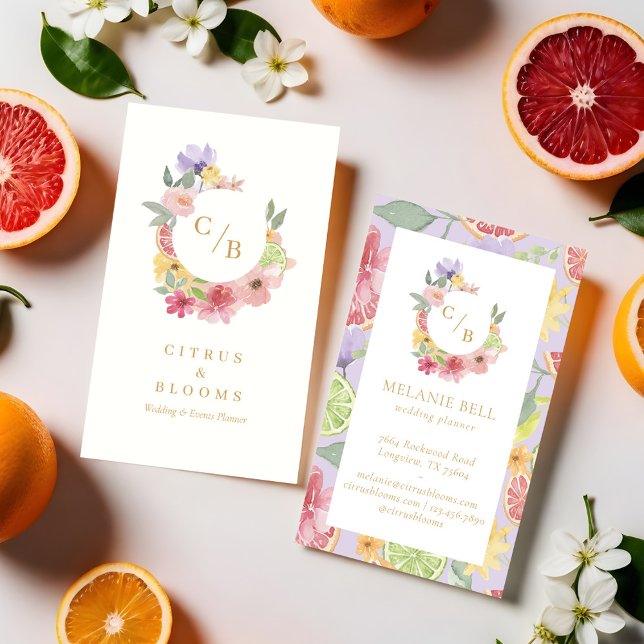 Carte De Visite Monogramme floral aquarelle de verger de fruits d' (Citrus Fruit Orchard Watercolor Floral Monogram Business Card (Front & Back))