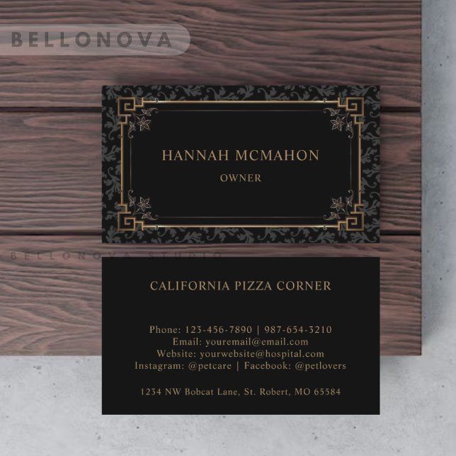 Carte De Visite Monogramme Floral Brown Noir Et Or Personnalisé (Custom Black And Gold Brown Floral Monogram Business Card)