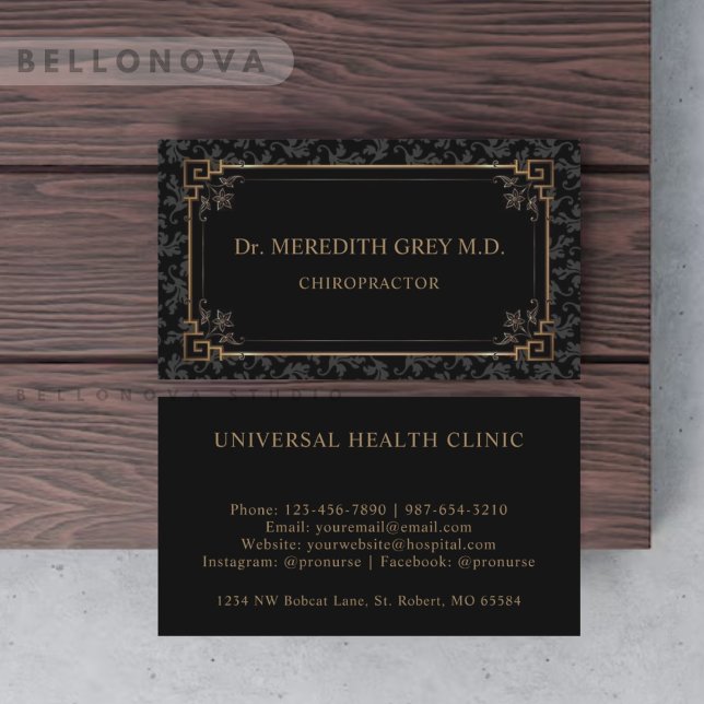 Carte De Visite Monogramme Floral Brown Noir Et Or Personnalisé (Custom Black And Gold Brown Floral Monogram Business Card)