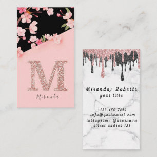 Carte De Visite Monogramme floral rose élégant, initiale lettre M 