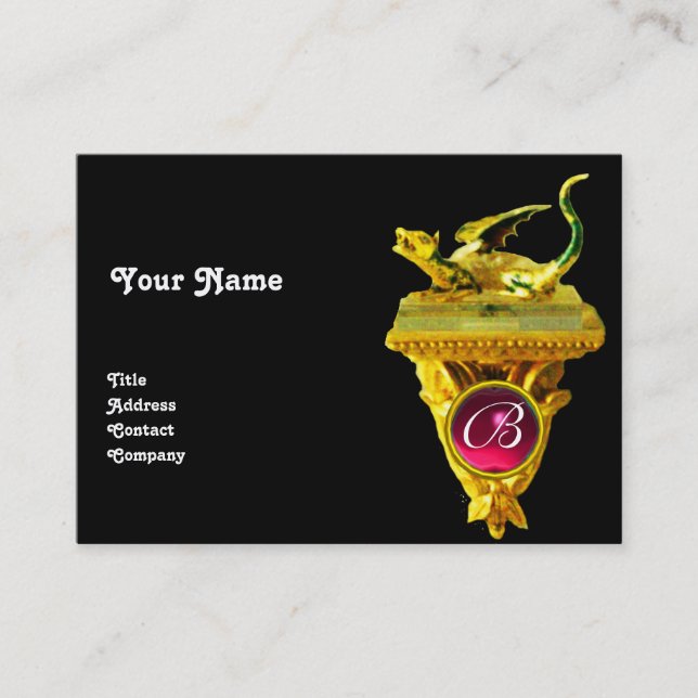 Carte De Visite MONOGRAMME GEMME DRAGON D'OR, jaune noir, rubis ro (Devant)