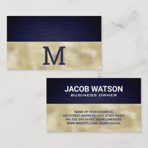 Carte De Visite Monogramme Golden Foil Texture métallique bleu
