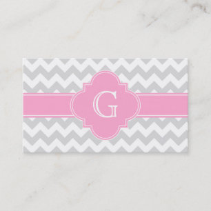 Carte De Visite Monogramme gris clair blanc Chevron rose Quatrefoi