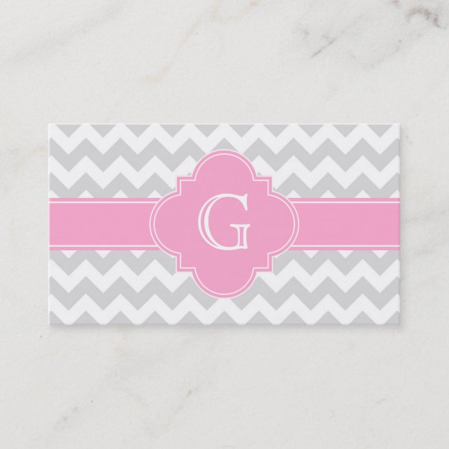 Carte De Visite Monogramme gris clair blanc Chevron rose Quatrefoi (Devant)