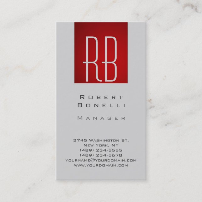 Carte de visite Monogramme gris clair rouge vertic (Devant)
