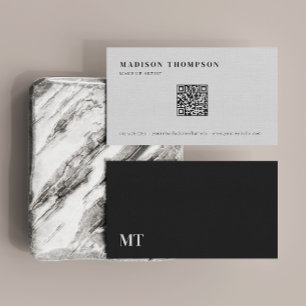 Carte De Visite Monogramme gris foncé simple et élégant Code QR